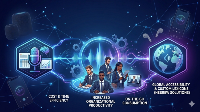 A futuristic, corporate infographic illustration of a global audio network against a dark blue background with glowing connections. On the left, a hexagonal node features a large microphone and a brain graphic over data charts. In the center, five business