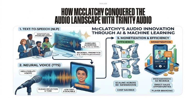 "A comprehensive infographic titled 'McClatchy's Audio Innovation through AI & Machine Learning'. The image is divided into three sections: 1) Text-to-Speech (NLP) showing a diverse team of editors training a computer to handle contextual pronunciations an
