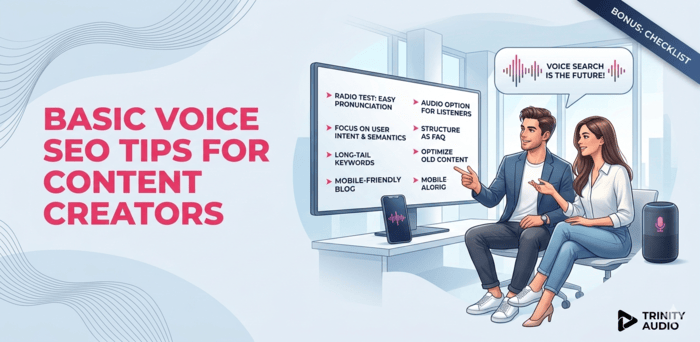 A speech bubble from the woman shows a red and white voice waveform with the text: 'VOICE SEARCH IS THE FUTURE!'. A smartphone and a smart speaker with a microphone icon are also present on the desk. A small dark blue ribbon in the upper right corner reads