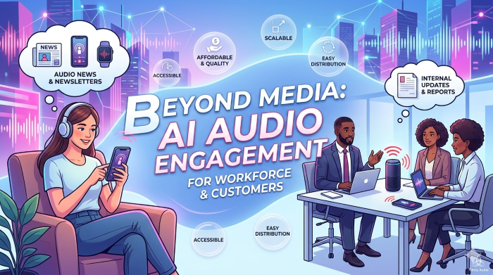 A 700x394 banner image illustrating the concept of companies using audio AI to engage with their workforce and customers beyond traditional media. The split-frame image features on the left a friendly woman in an armchair wearing wireless headphones, liste