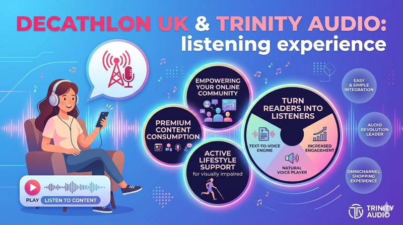 DECATHLON UK & TRINITY AUDIO: listening experience' in bold pink and white text. On the left, a friendly woman in an armchair wears headphones, listening to a smartphone, a thought bubble above her with the red radio tower and microphone icon.