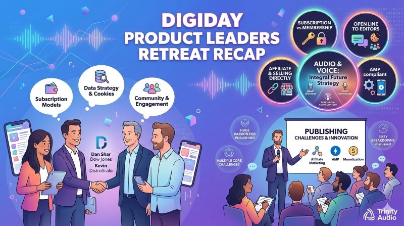 DIGIDAY PUBLISHING PRODUCT LEADERS RETREAT RECAP' is at the top in large, bold pink and white text. On the left, a smiling Liat and Ron from Trinity Audio shake hands and interact with Dan Shar from Dow Jones and Kevin Murphy from DistroScale.
