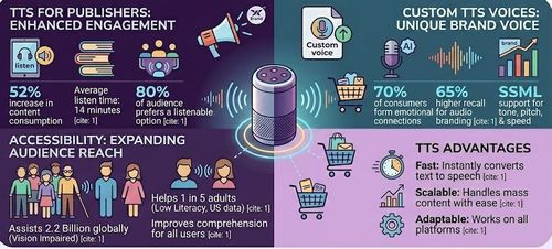 text-to-speech software boosts publisher engagement, creates unique brand voices, expands audience accessibility, and offers scalable, fast advantages for content delivery.
