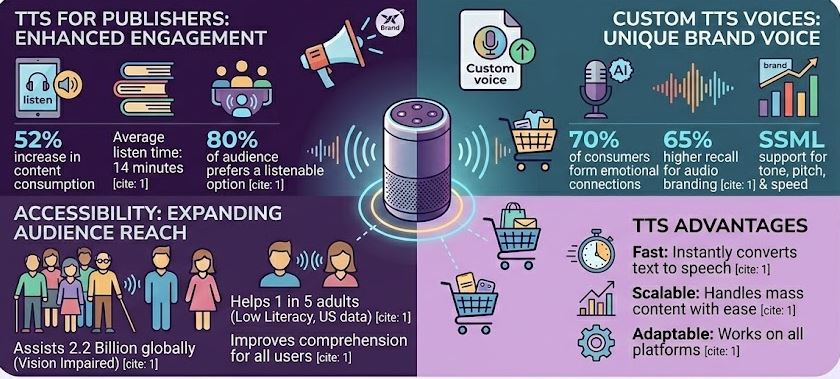 text-to-speech software boosts publisher engagement, creates unique brand voices, expands audience accessibility, and offers scalable, fast advantages for content delivery.