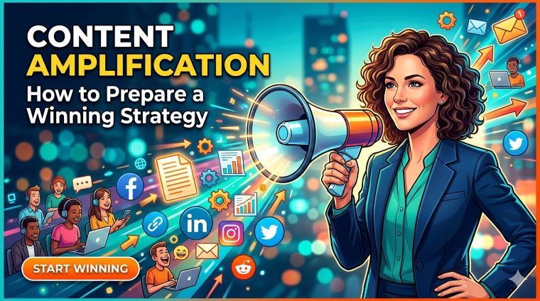 A professional business woman holding a megaphone to amplify content, surrounded by icons of social media platforms and email marketing to represent a winning content amplification strategy.