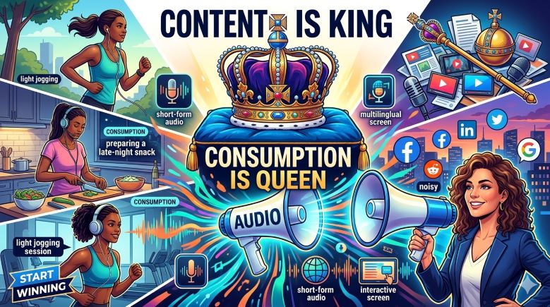 A professional visual metaphor showing a royal crown on a cushion labeled 'Content is King' and 'Consumption is Queen,' with a woman using a megaphone to broadcast audio to people multitasking while jogging and cooking, symbolizing modern media consumption