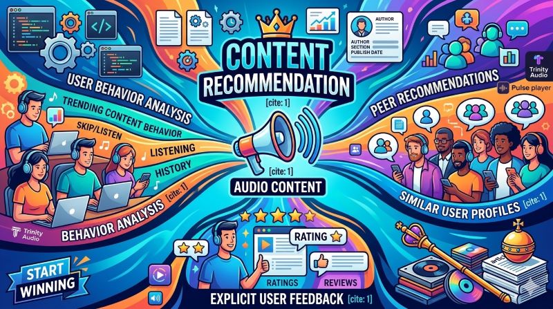 An infographic explaining content recommendation technology for audio, featuring icons for user behavior analysis, peer recommendations, and user feedback, all surrounding a central megaphone icon.