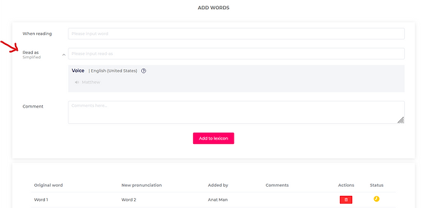 An interface screenshot from Trinity Audio showing the channel configuration tab with the Lexicon selection dropdown menu highlighted
