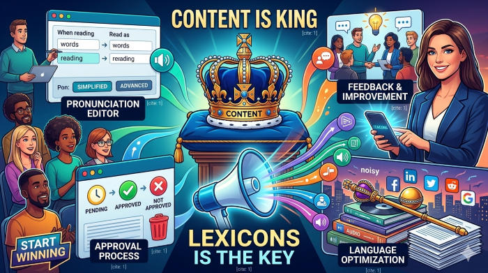 An infographic illustrating the 'Lexicons' feature for audio content, showing a pronunciation editor interface, an approval workflow with pending and approved statuses, and a megaphone icon representing language optimization.