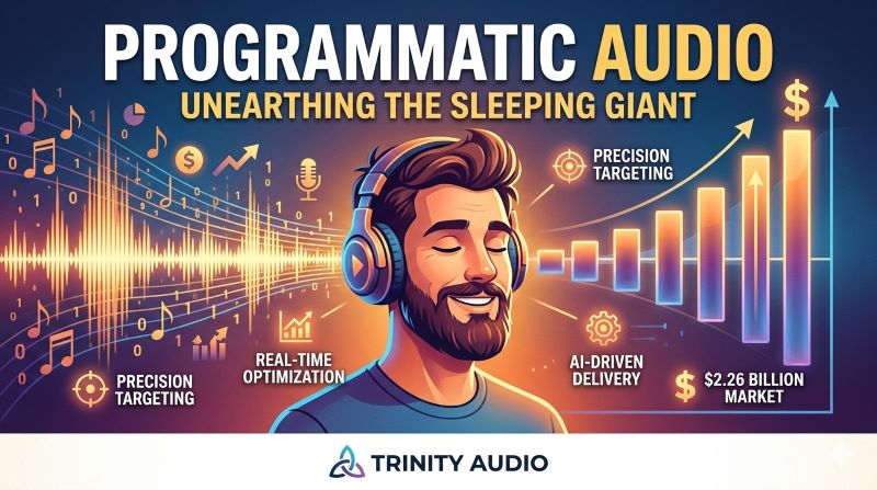 A modern digital art thumbnail titled 'Programmatic Audio: The Sleeping Giant of Digital Advertising', featuring a bearded man in headphones immersed in a sound wave of data points, musical notes, and money symbols. Icons illustrate 'AI-driven delivery', '