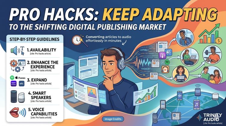 A clean and modern illustrated banner titled 'Pro hacks to keep adapting to the shifting digital publishing market'. A vertical list on the left highlights the 5 steps: Availability, Enhance the Experience, Expand, Smart Speakers, and Voice Capabilities.