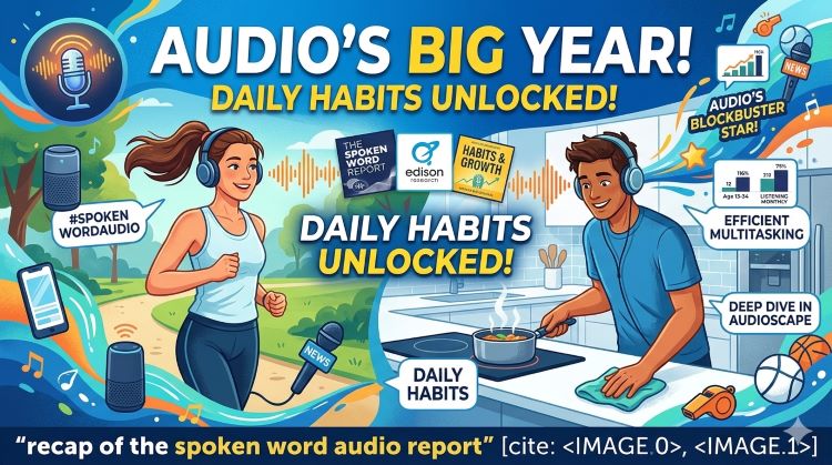 A 16:9 thumbnail illustration for 'Audio's Big Year!', featuring a woman running in a park and a man cooking/cleaning in a kitchen, both happily listening to audio content through headphones. Floating elements include a podcast mic, audiobook titles like '