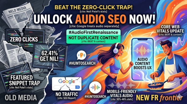 A vibrant, dynamic 16:9 thumbnail contrasting a muted, fractured "Old Media" world labeled "62.41% GET NIL" against a radiant "New FR Frontier" where listeners happily consume mobile-friendly audio, emphasizing the main headline to "UNLOCK AUDIO SEO NOW!".