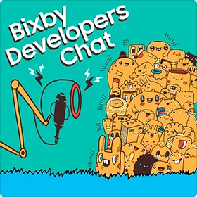 A colorful, illustrated podcast logo for "Bixby Developers Chat" depicting a microphone and a crowd of whimsical creatures on a turquoise background.