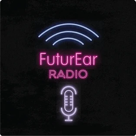 A neon-style, black-background podcast logo for "Future Ear Radio" featuring a glowing microphone and wireless transmission icon.