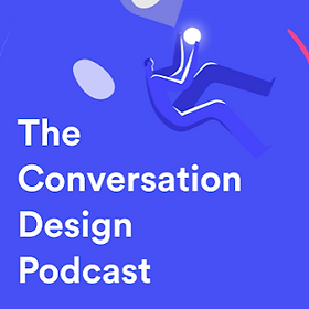 A blue square graphic showing a stylized illustration of a person reaching for a glowing orb, with the text "The Conversation Design Podcast" layered on the left side.