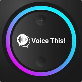 The sleek, dark-themed logo for the "Voice This!" podcast, featuring a glowing ring interface surrounding the title.