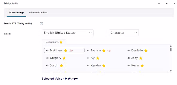 Trinity audio main settings