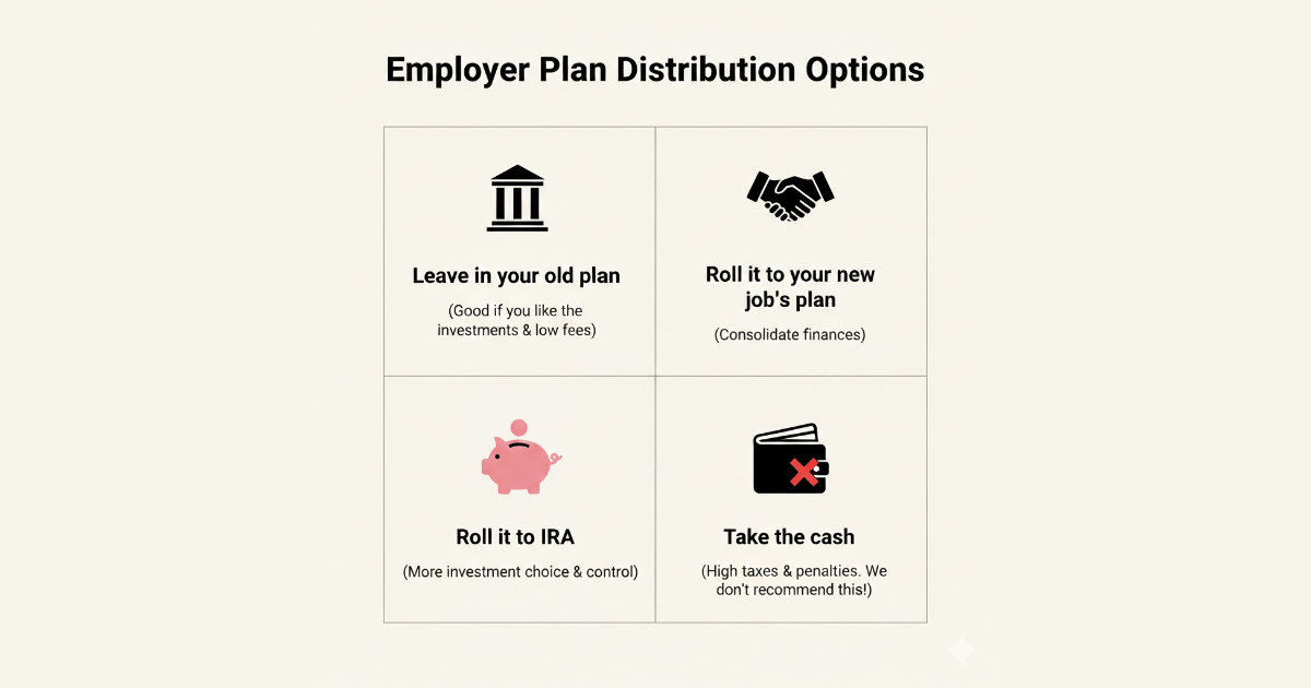 Flowchart titled "Employer Plan Distribution Options" showing four choices: Cash Out, Roll over to new employer plan, Leave it in old plan, or Roll over to an IRA.