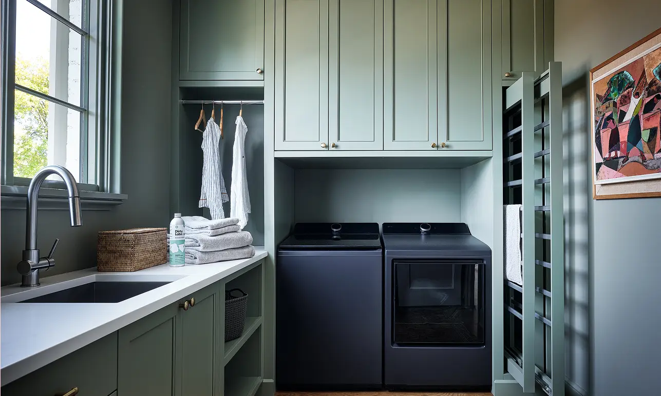 Bathroom build with new shelves, sink, and appliances