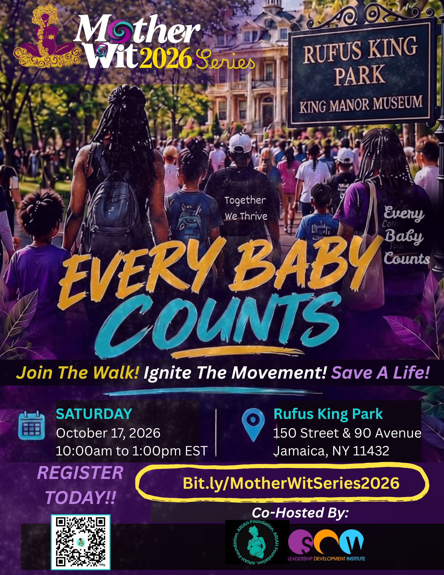 Mother Wit 2026 Every Baby Counts flyer: community walk and remembrance at Rufus King Park, Jamaica, Queens, Saturday October 17