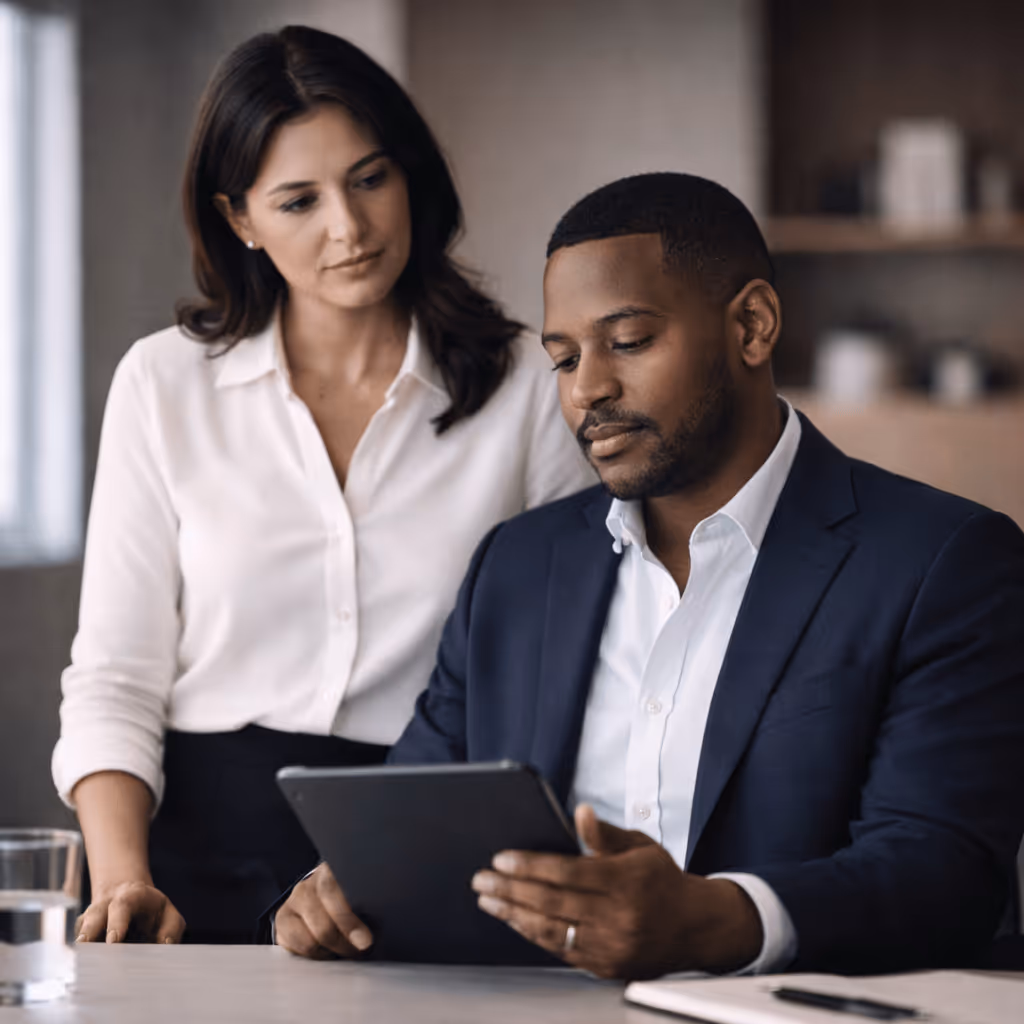 Businessman in navy suit and a businesswoman in white blouse looking at a tablet together in a modern office.