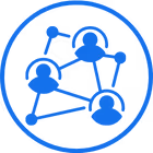 Blue icon depicting connected nodes inside a circle representing collaboration or network.