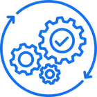 Blue circular icon with three interconnected gears and an arrow looping around them indicating process automation.