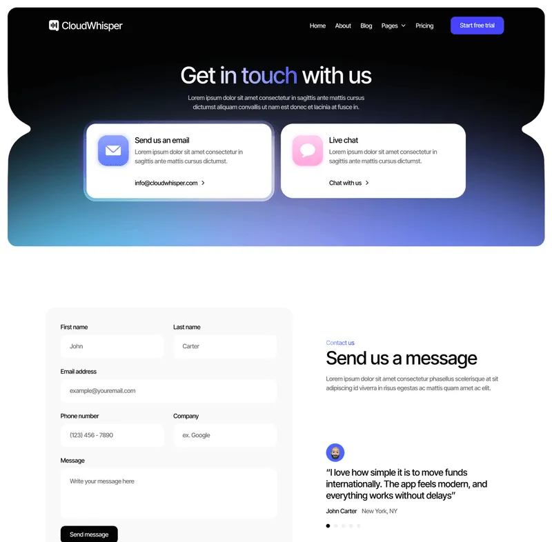 CloudWhisper - Contact V3 Page - Speech To Text App Webflow Template