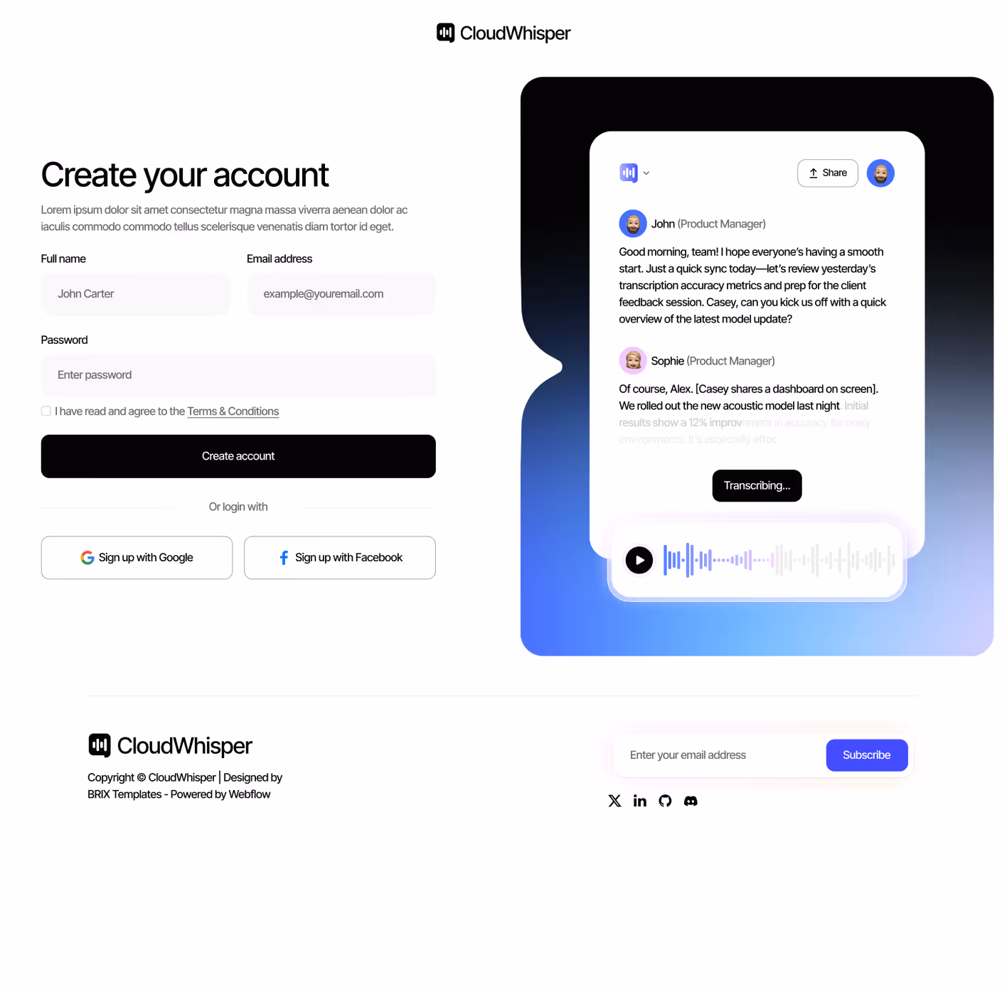 CloudWhisper - Sign Up Page - Speech To Text App Webflow Template