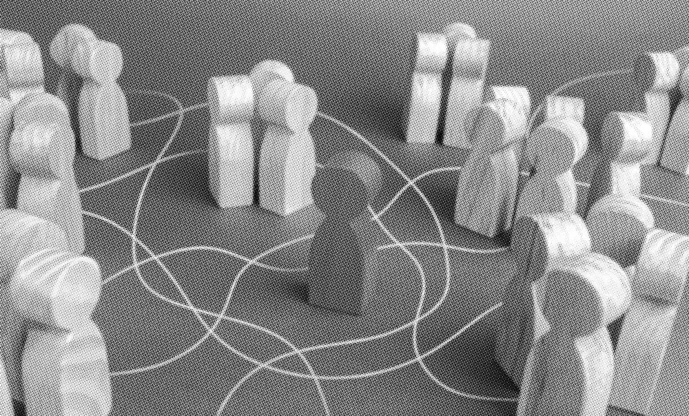 grayscale halftone image of wooden people figures, one stands out in the middle, with twisting lines drawn around them