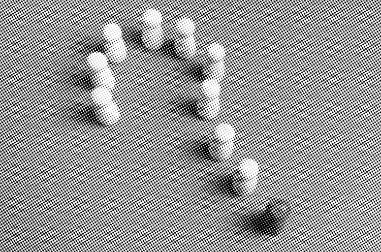 grayscale halftone image of a top down view of wooden people figures forming the shape of a question mark