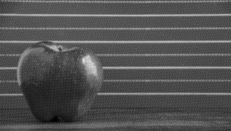 grayscale halftone image of an apple on a surface in front of a chalkboard with horizontal lines drawn on it