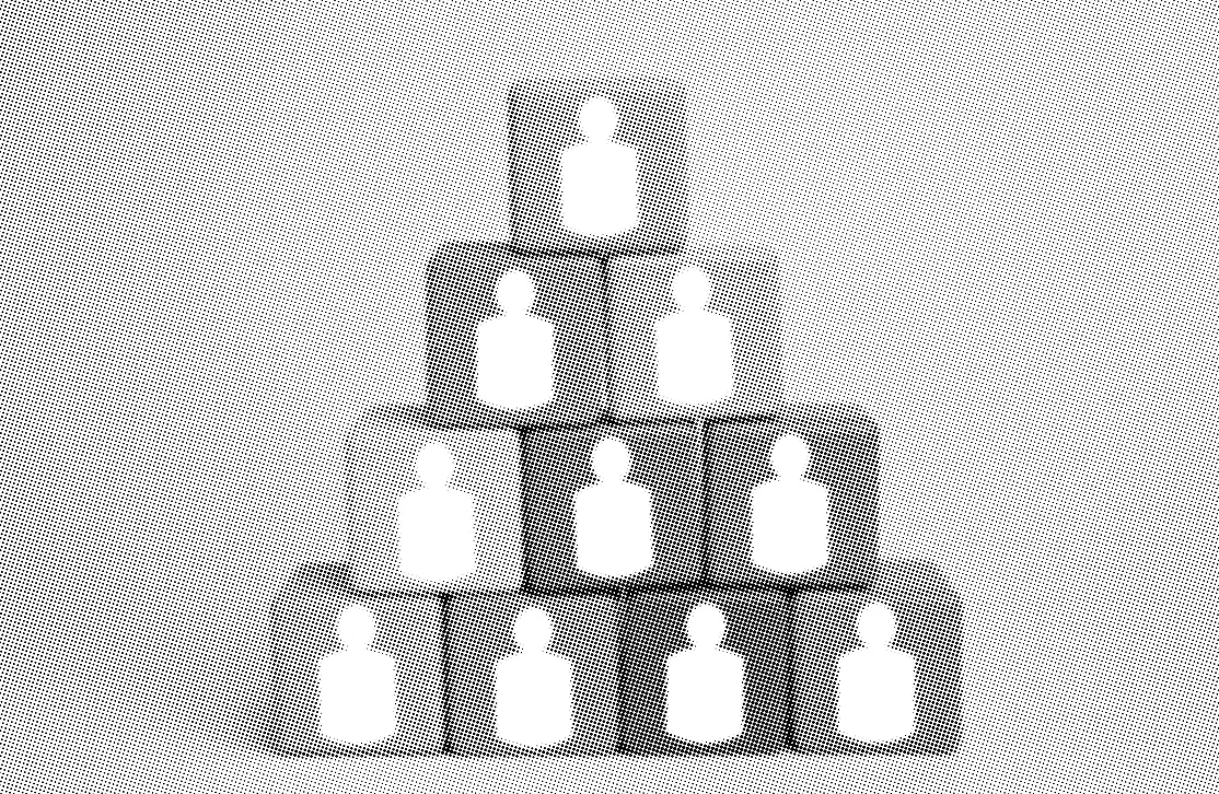 grayscale halftone image of square blocks with human silhouettes painted on them on a plain backdrop