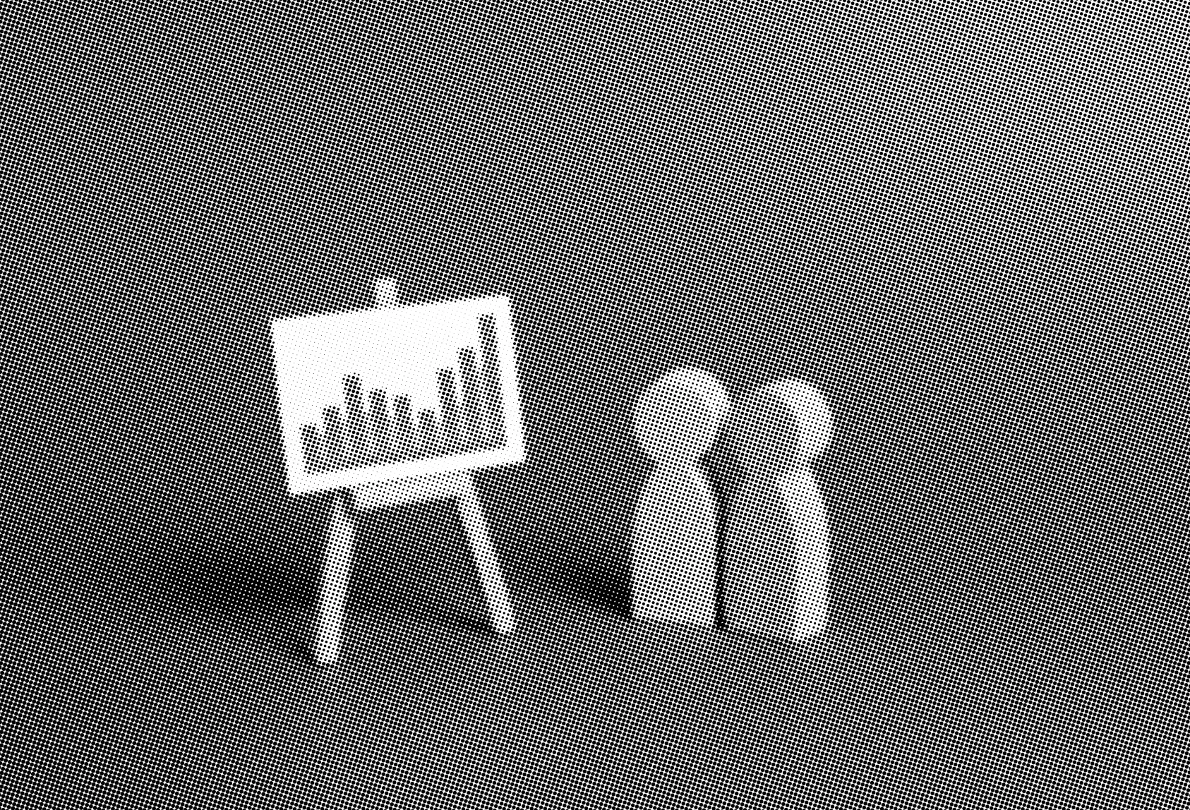 grayscale halftone image of two wooden figures next to a presentation board with a chart on a plain backdrop