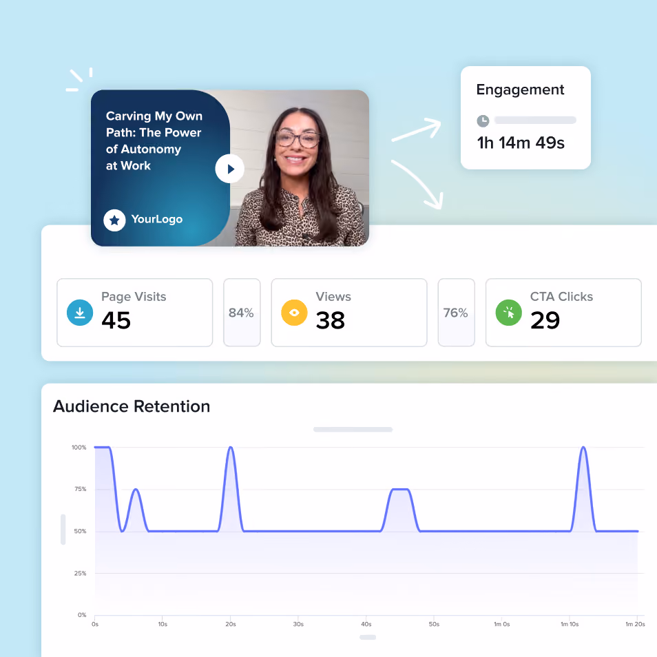 Video stats showing 45 page visits, 38 views, 29 clicks, 1h 14m engagement, and audience retention graph.