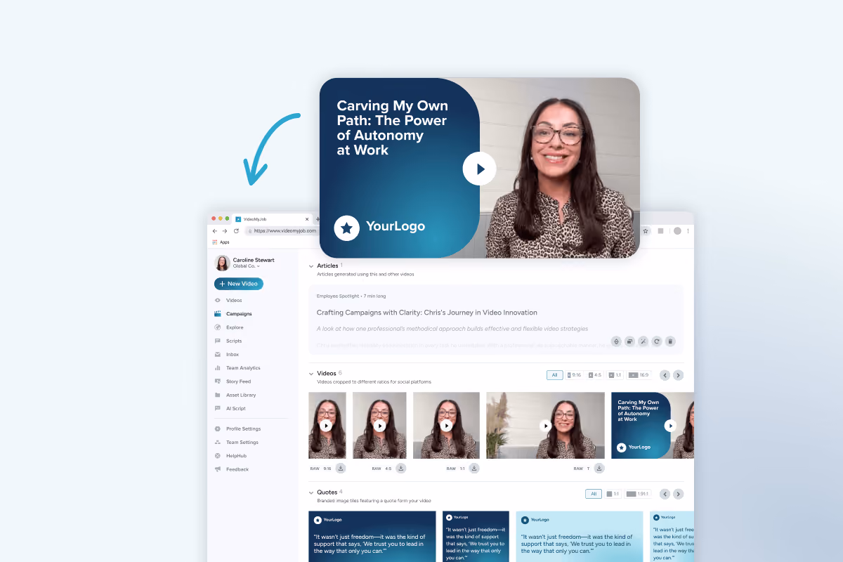 Dashboard interface showing video editing software with a smiling woman and video title about autonomy at work.