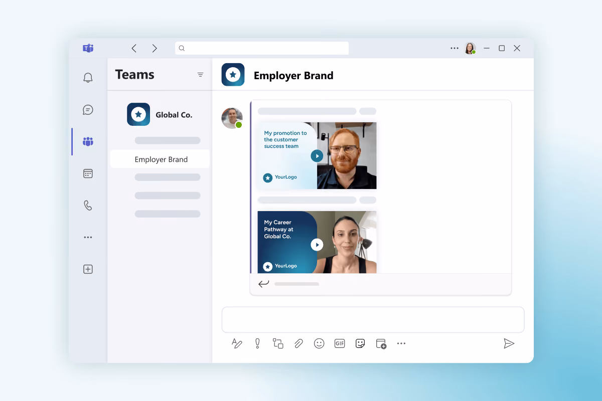 Microsoft Teams chat window showing video posts about employer branding and career pathways.