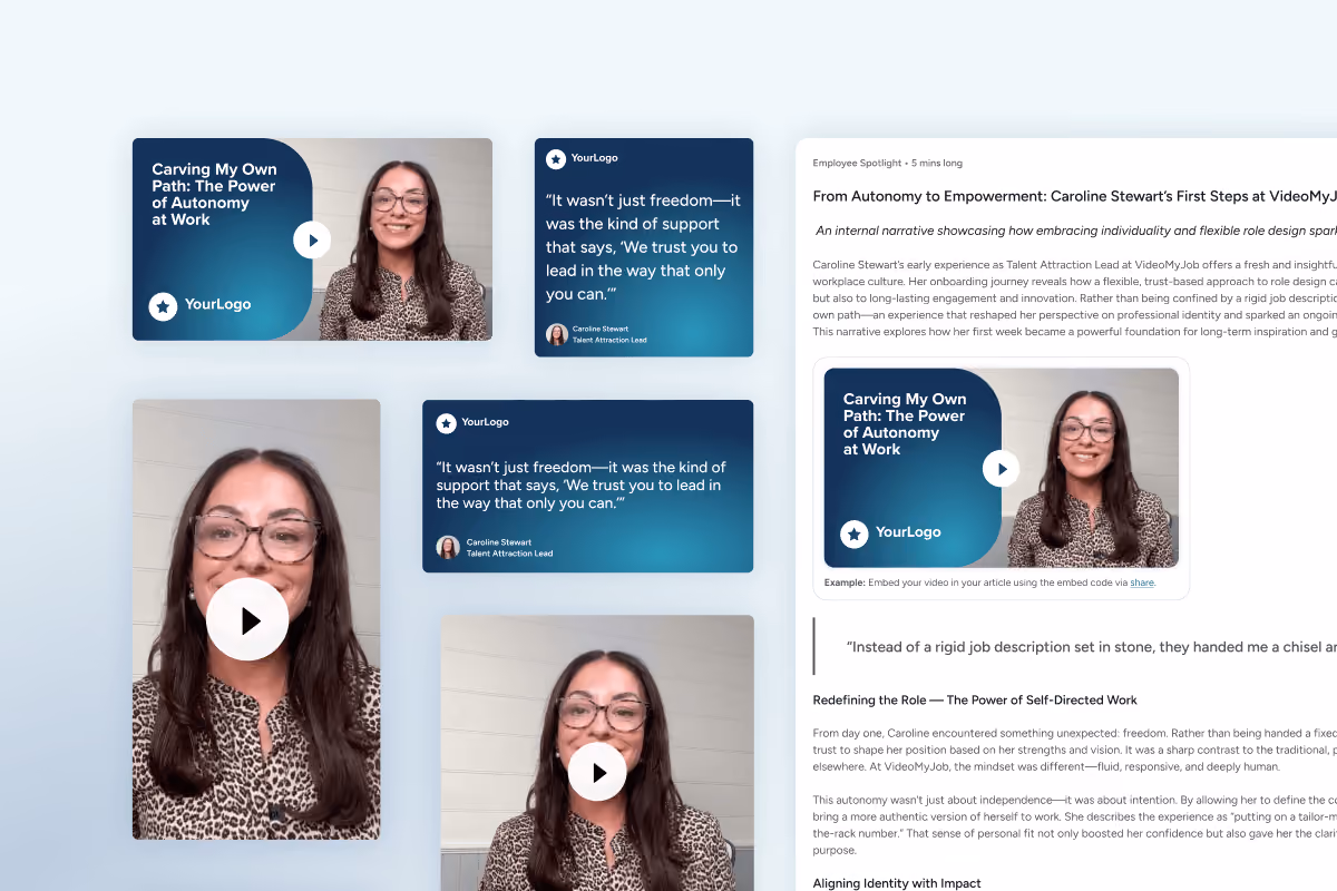 Webpage featuring videos and quotes from Caroline Stewart on autonomy and empowerment at work.