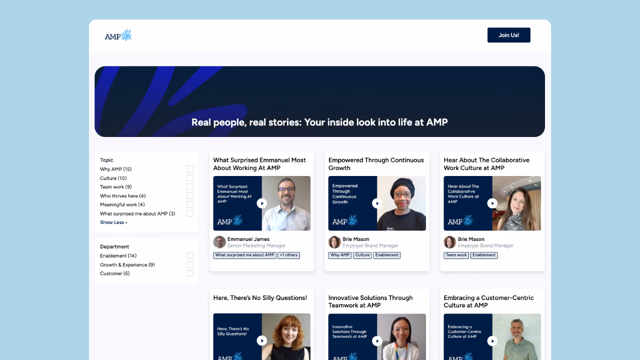 AMP Story Feed VideoMyJob Employee Story Library
