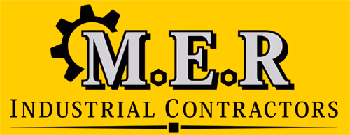 M.E.R Industrial Contractors logo with a gear symbol on a yellow background.