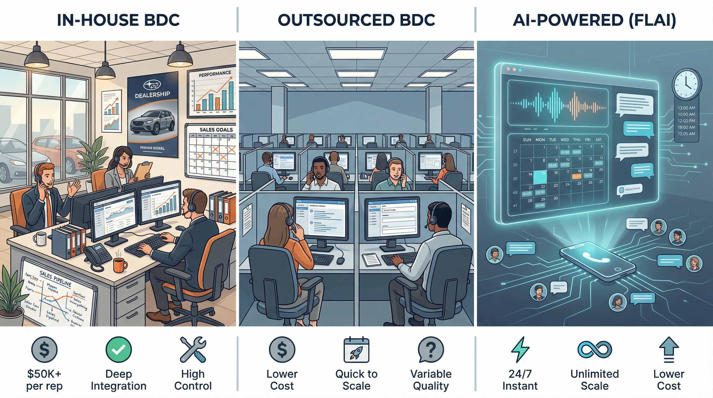 Three-panel comparison showing in-house BDC team, outsourced call center, and AI-powered solution