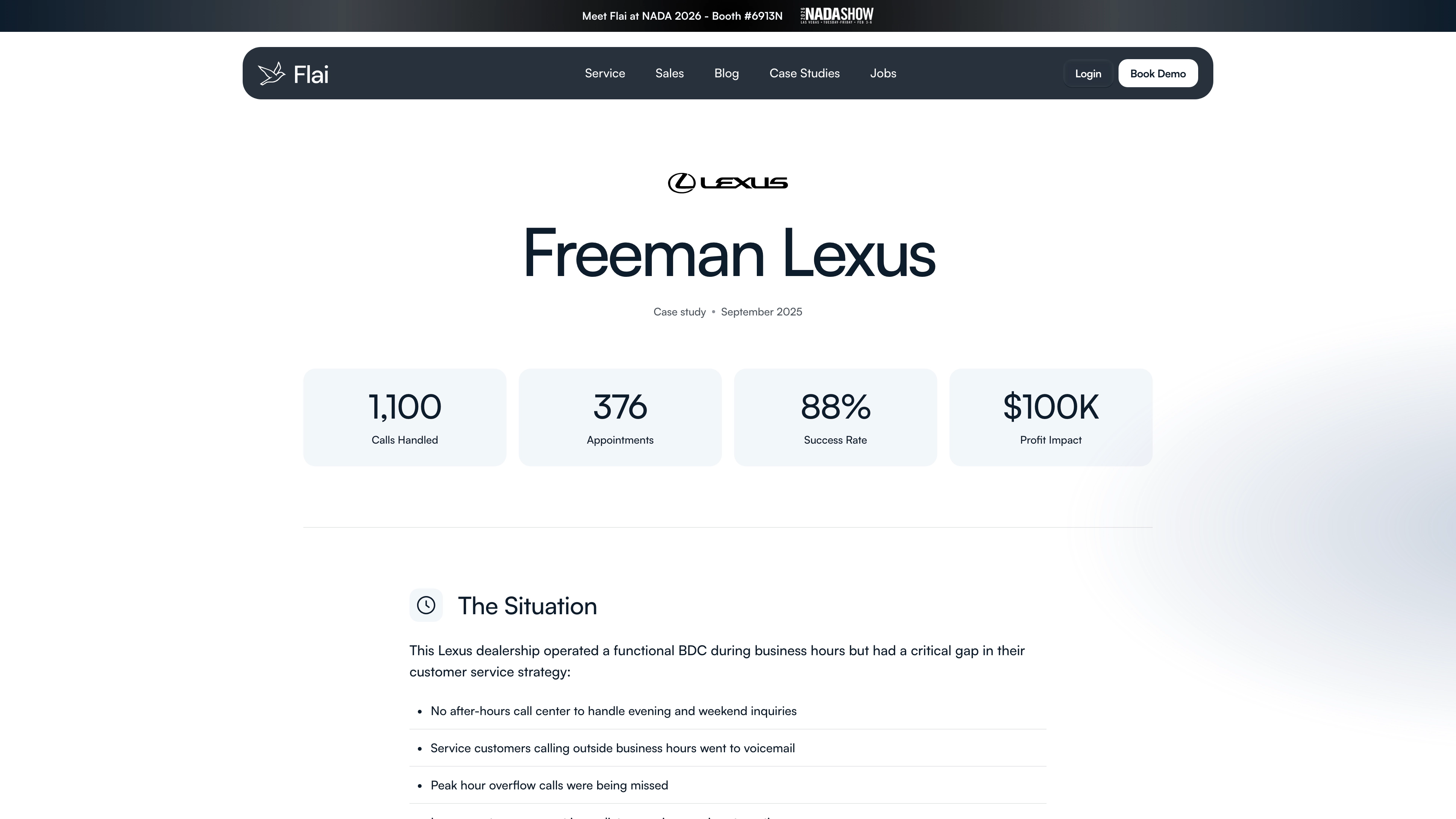 Freeman Lexus case study showing 1,100 calls handled, 376 appointments booked, 88% conversion rate, and $100K monthly profit impact