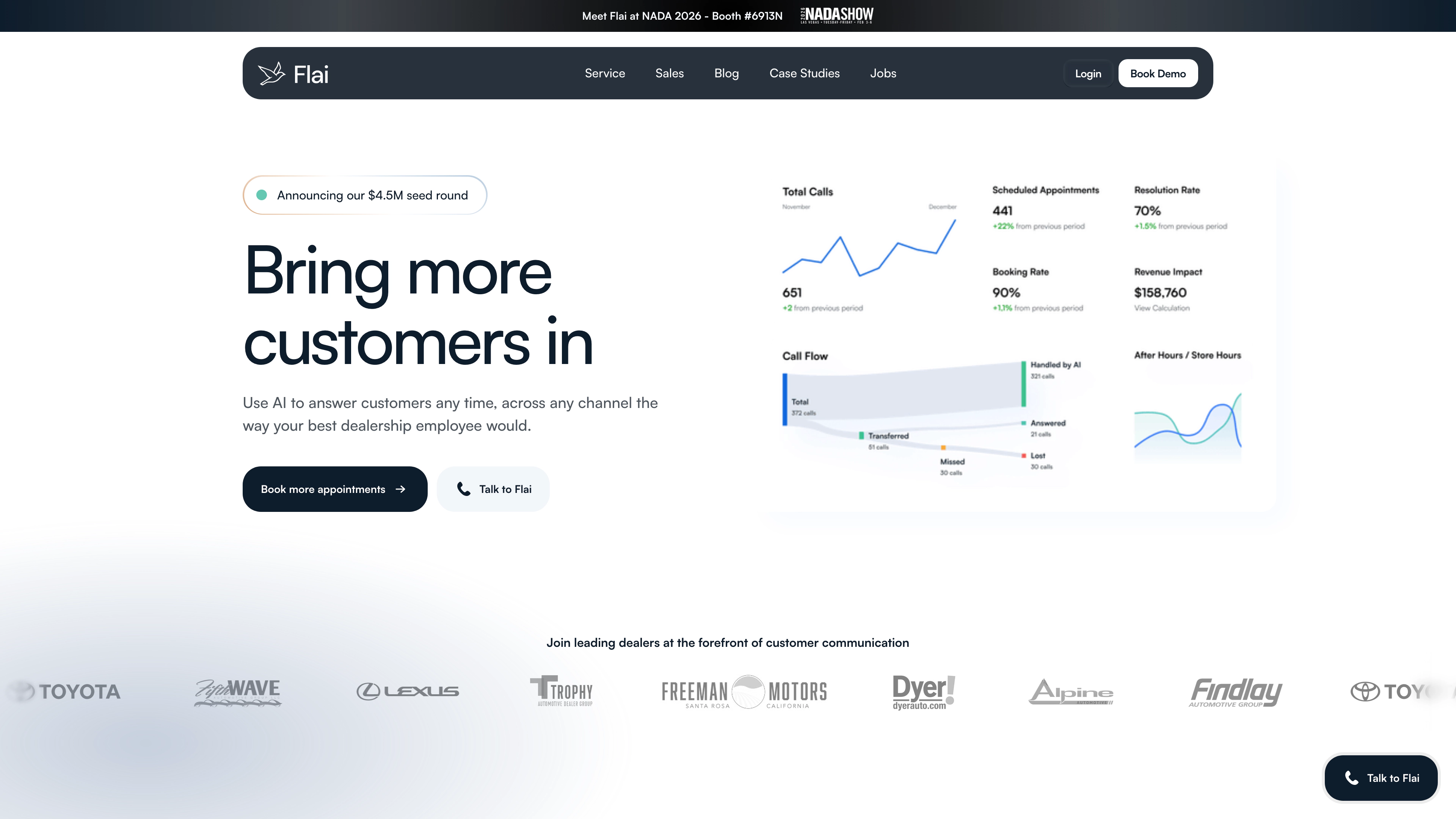 Flai homepage showing AI communications platform for car dealerships with instant call answering and 24/7 coverage