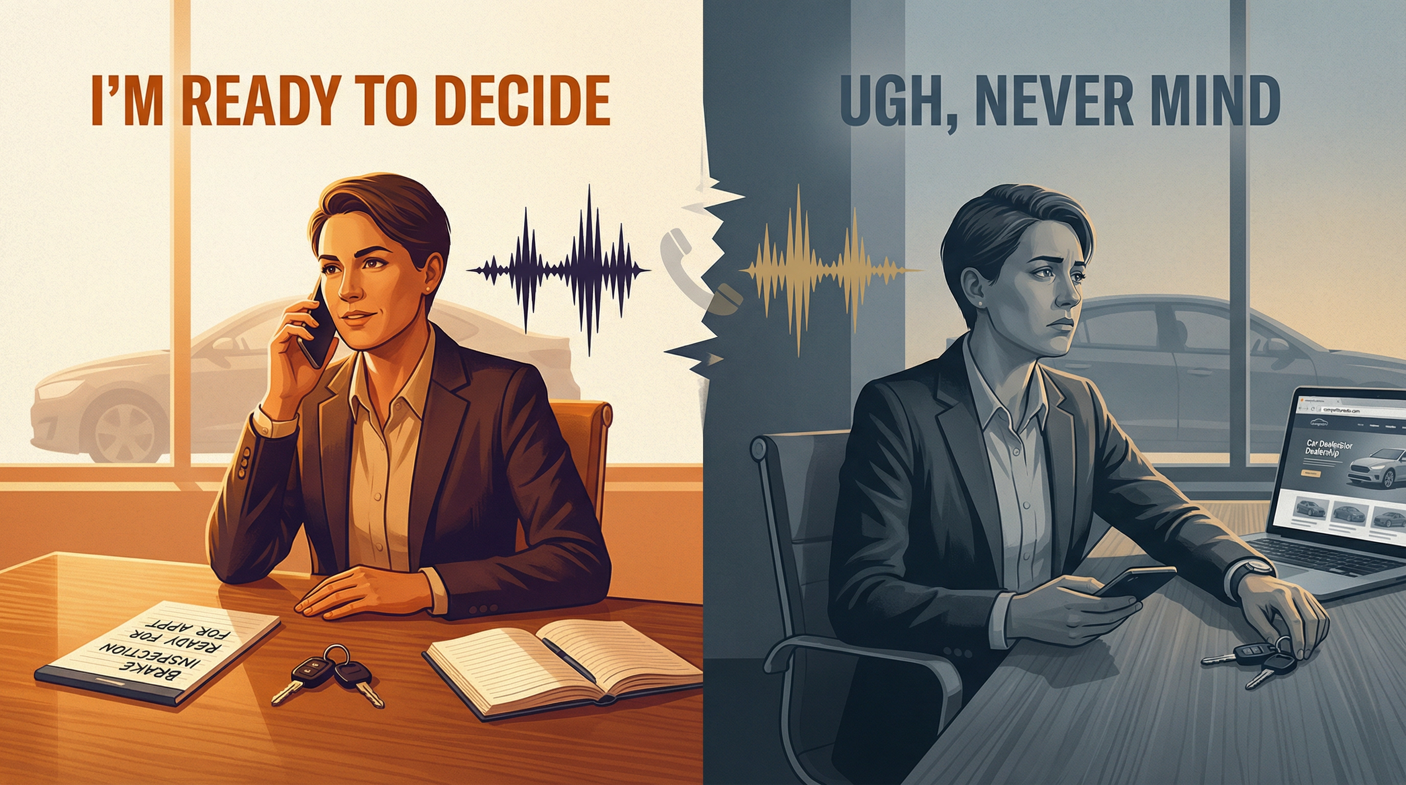 Split composition showing customer's emotional shift from motivated buyer to disengaged lead when hitting voicemail