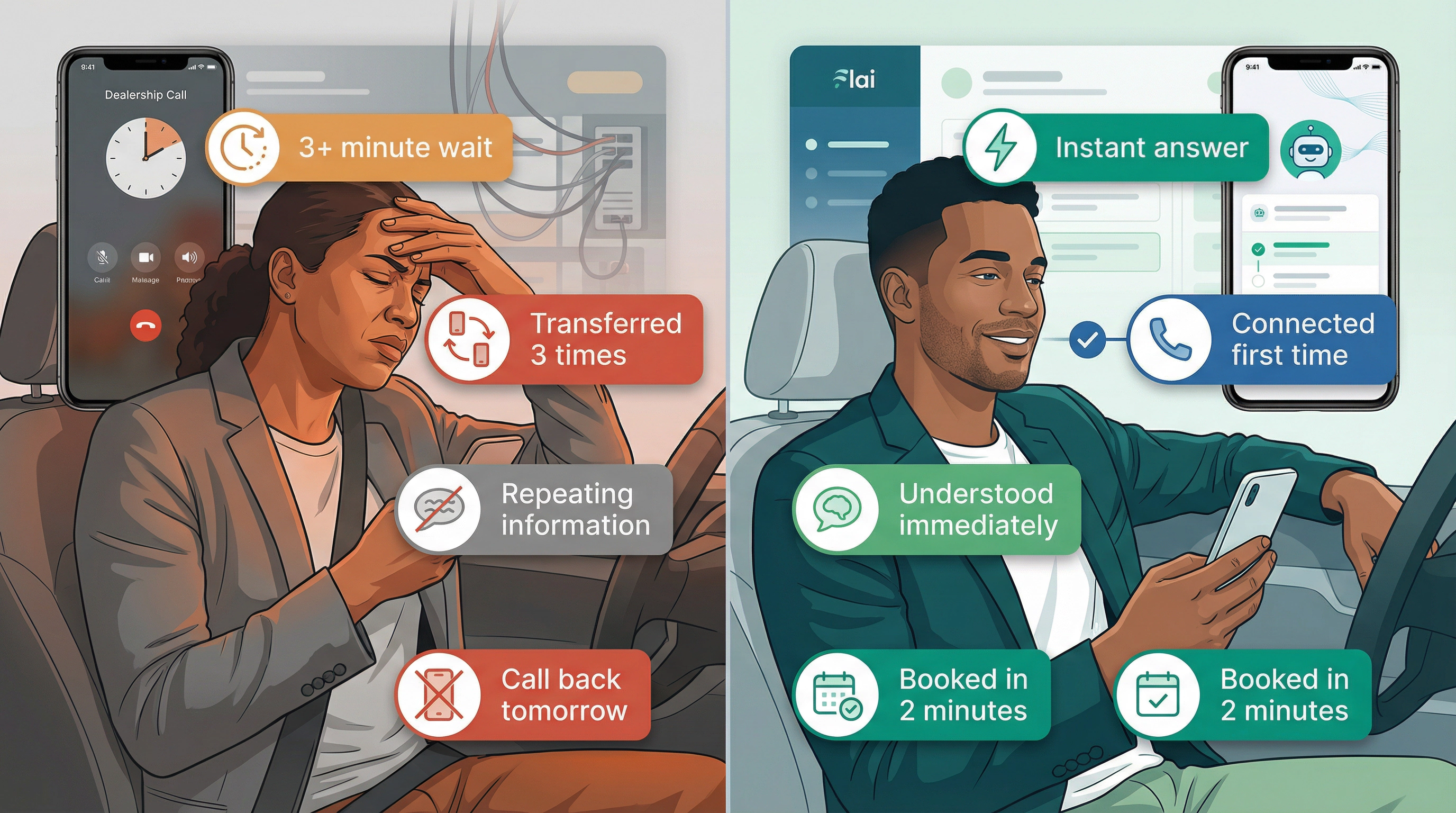 Split comparison showing customer frustration with traditional phone systems vs satisfaction with AI
