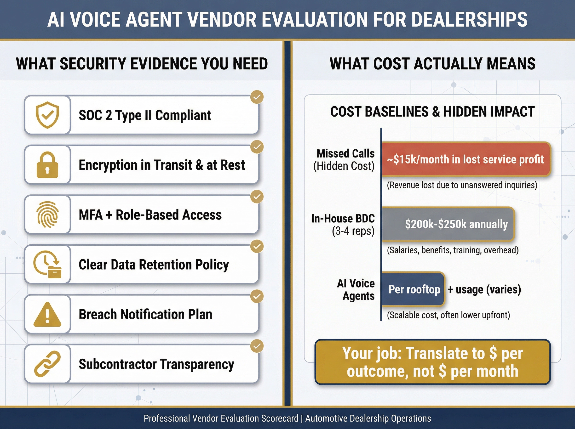 Due diligence checklist showing required security evidence and true cost baselines for AI voice agents