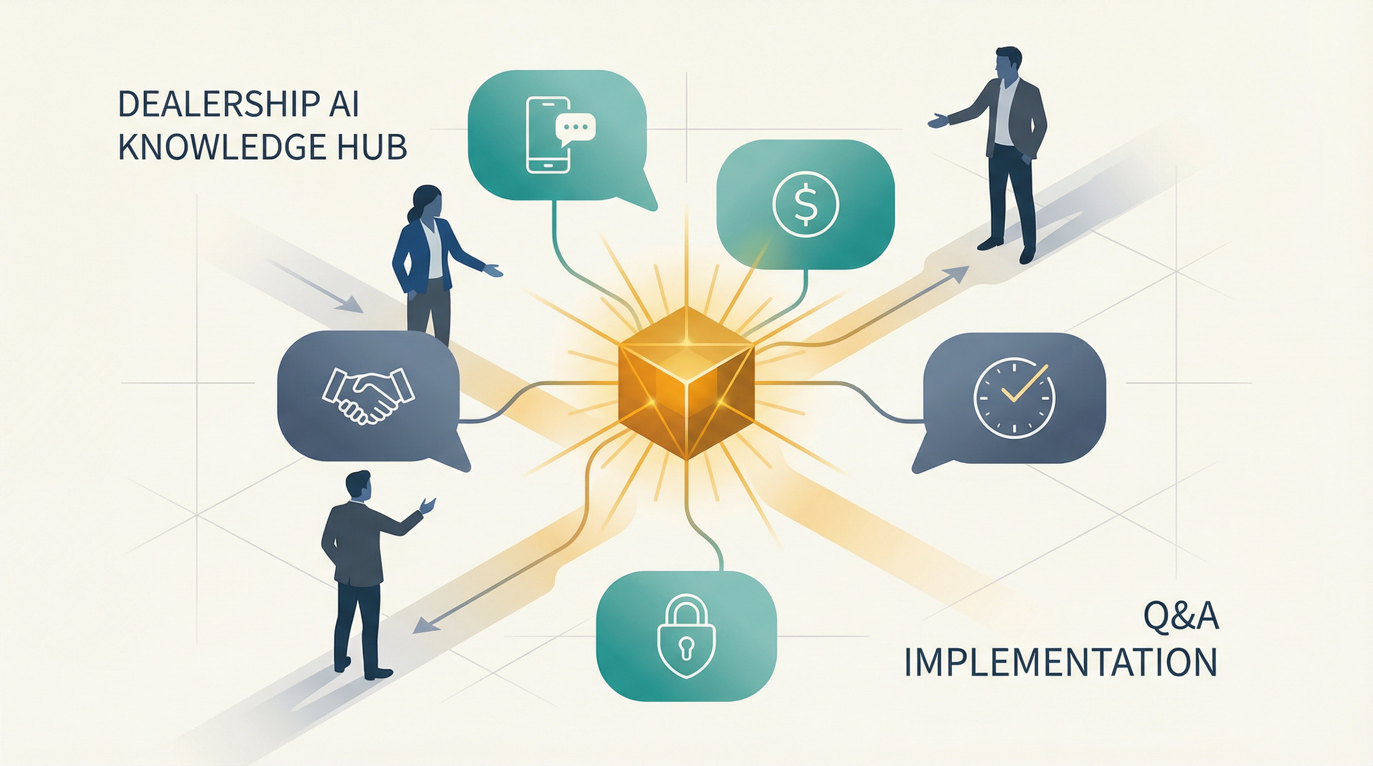 Modern illustration of an organized Q&A knowledge hub with conversation bubbles and answer pathways helping dealership managers find AI implementation answers