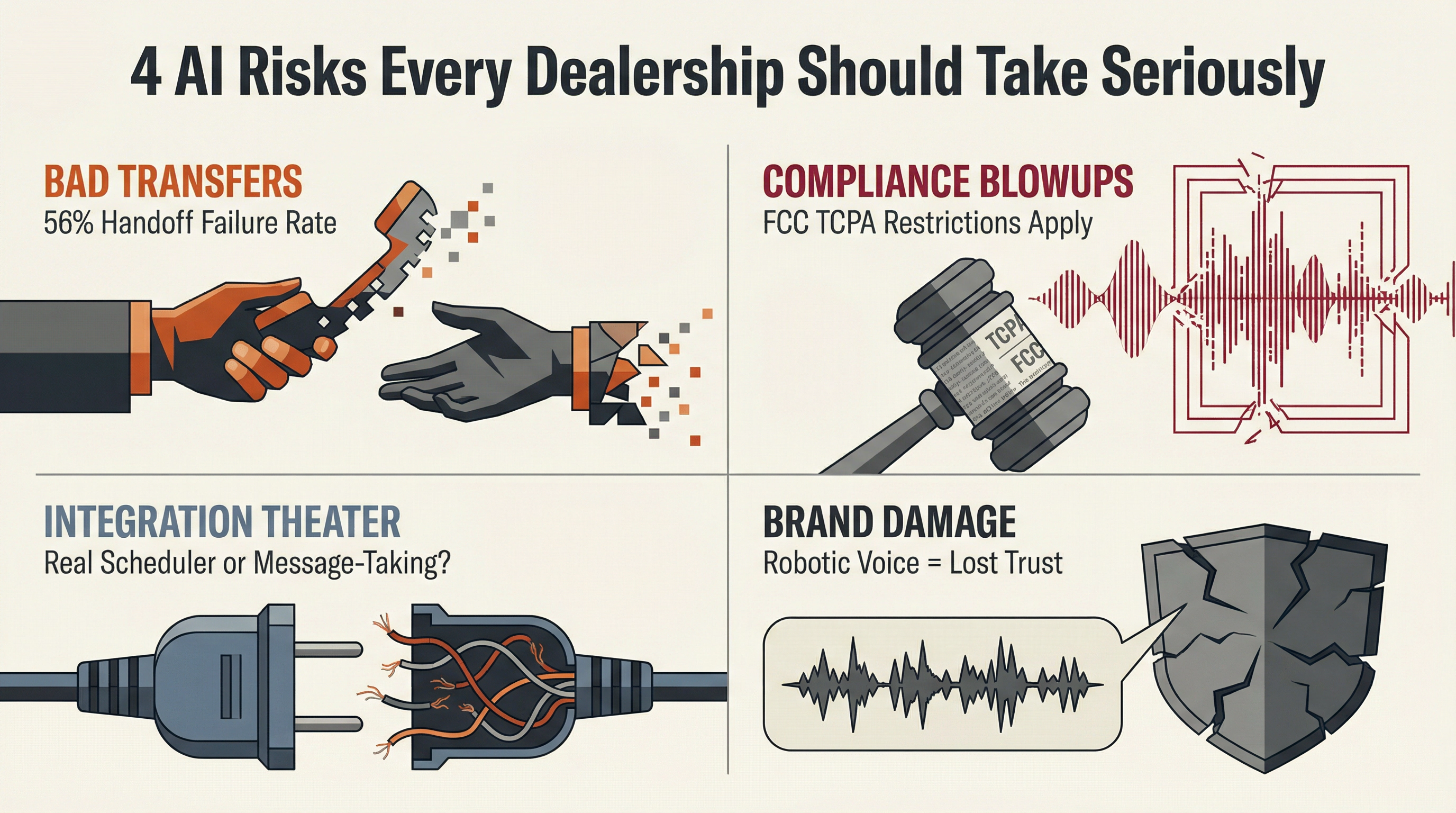 Four-quadrant infographic showing AI implementation risks: bad transfers, compliance issues, integration failures, and brand damage
