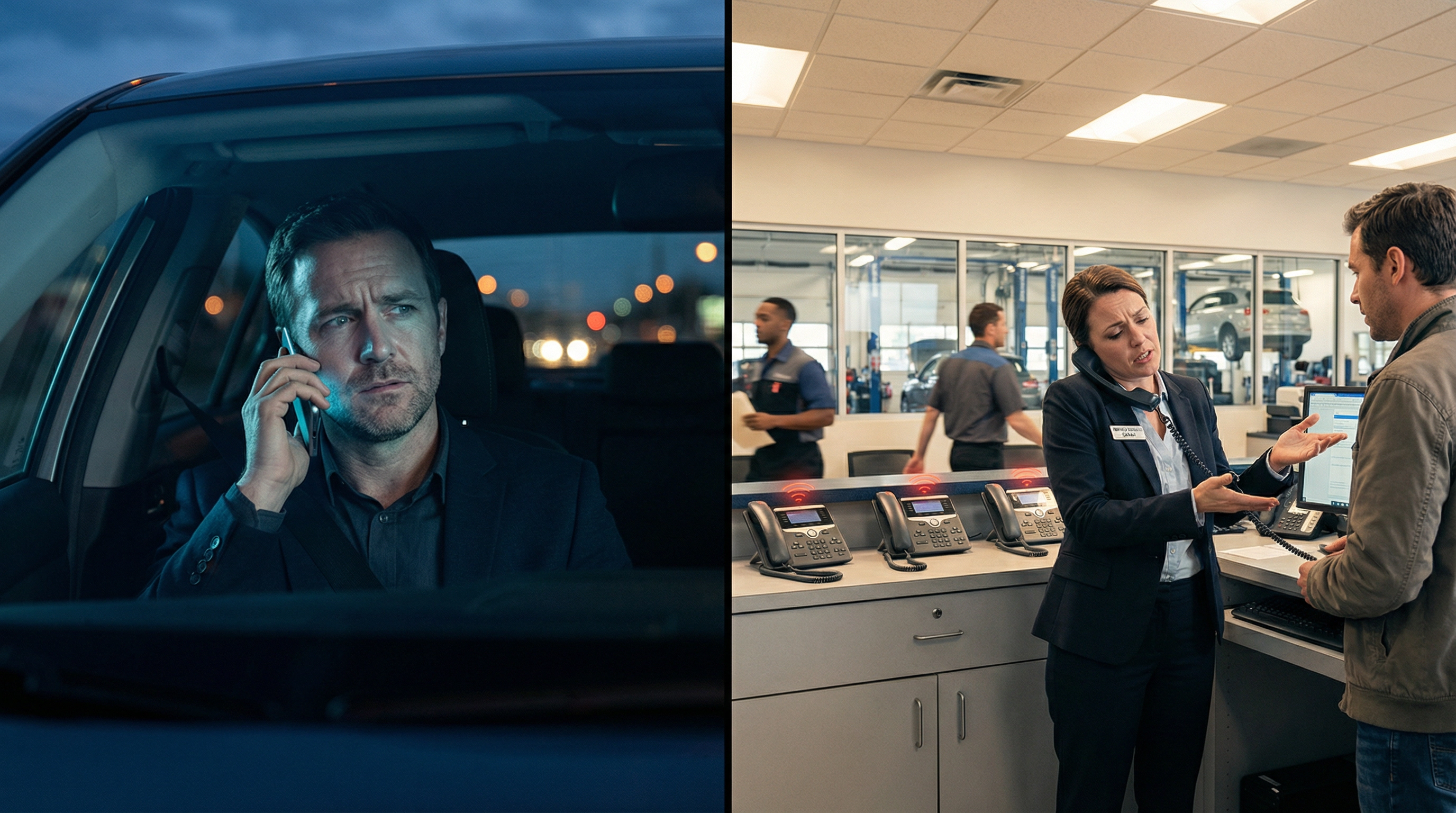 Split-screen showing frustrated customer on phone at night versus overwhelmed dealership staff during peak hours